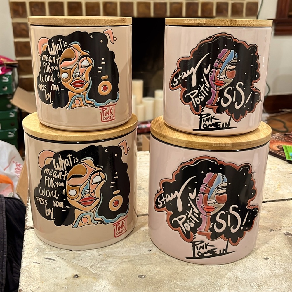 Pinklomein canister set duo large small pink lomein black art artist female new